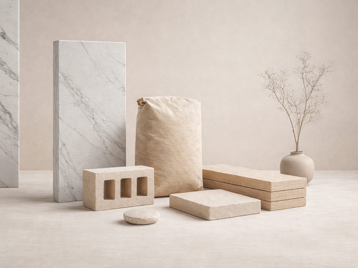 Materiales de construcción Conjunto de elementos en tonos neutros: texturas de piedra, papel y madera en un fondo suave.