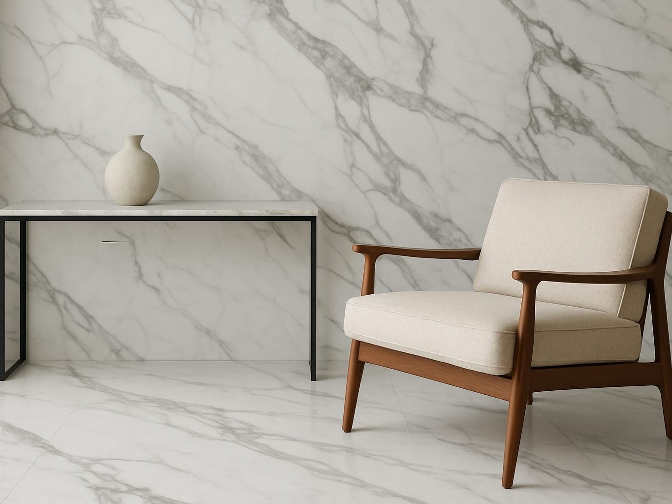 Mármol blanco Sillón de madera clara con cojín beige junto a una mesa con patas negras y fondo de mármol.