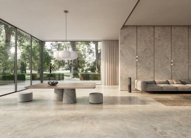 HAVEN Interior moderno y luminoso con mesa, sillones y grandes ventanales que muestran el exterior.